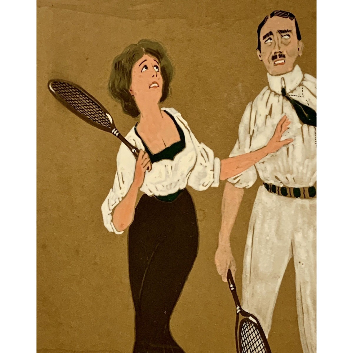Pareja de dibujos al gouache, “Clases de tenis”