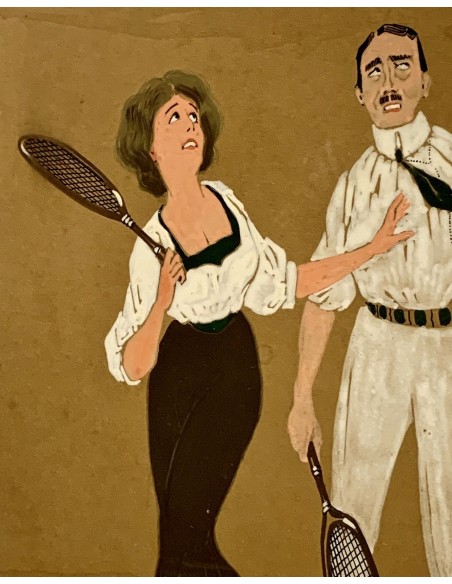 Pareja de dibujos al gouache, “Clases de tenis”