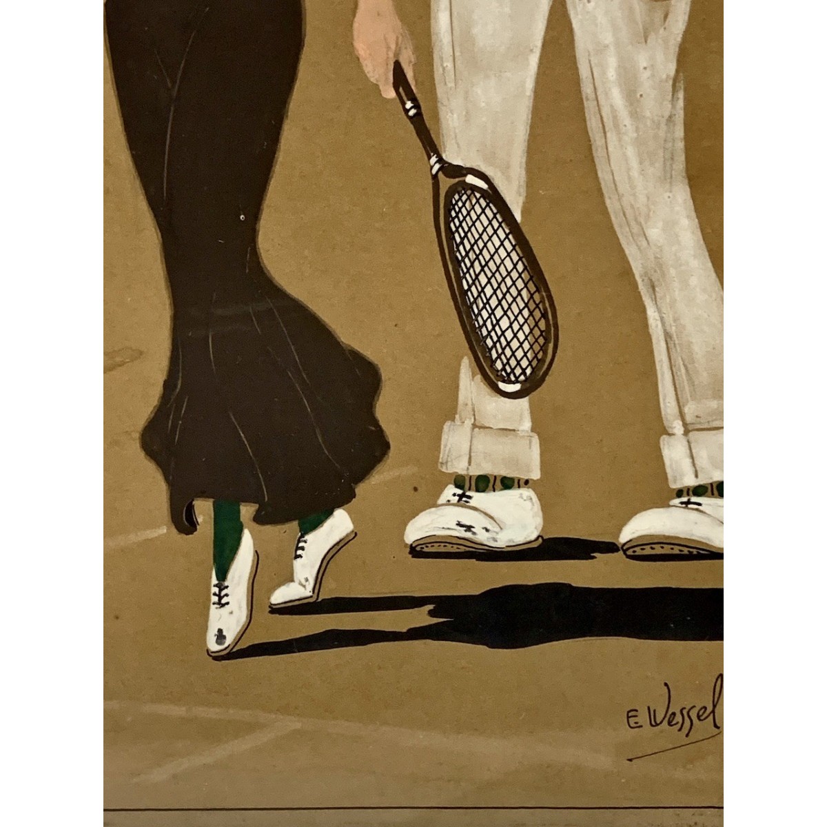 Pareja de dibujos al gouache, “Clases de tenis”