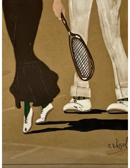 Pareja de dibujos al gouache, “Clases de tenis”