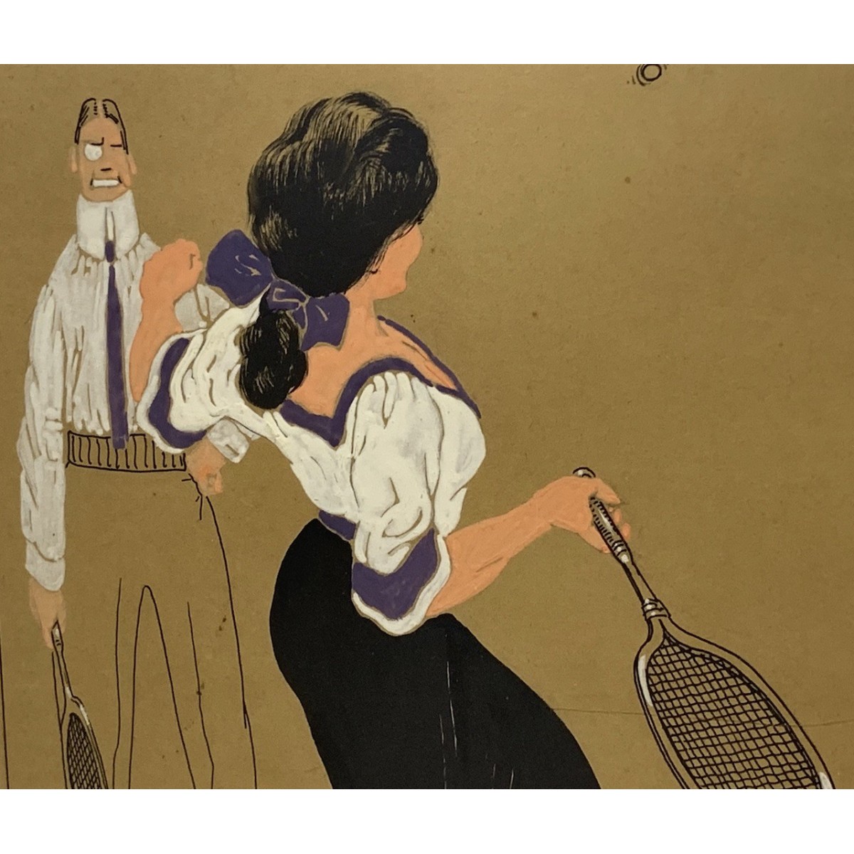 Pareja de dibujos al gouache, “Clases de tenis”