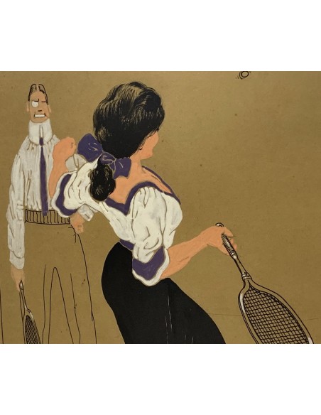 Pareja de dibujos al gouache, “Clases de tenis”