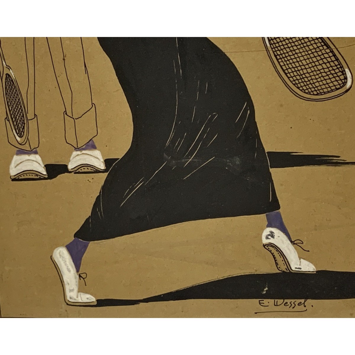 Pareja de dibujos al gouache, “Clases de tenis”