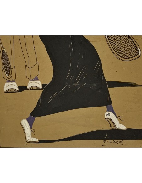 Pareja de dibujos al gouache, “Clases de tenis”