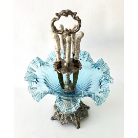 Centro de mesa de cristal azul claro ondulado (1900-1920) 2