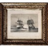 Stampa francese del XIX secolo, marina, battaglia navale, attacco corsaro