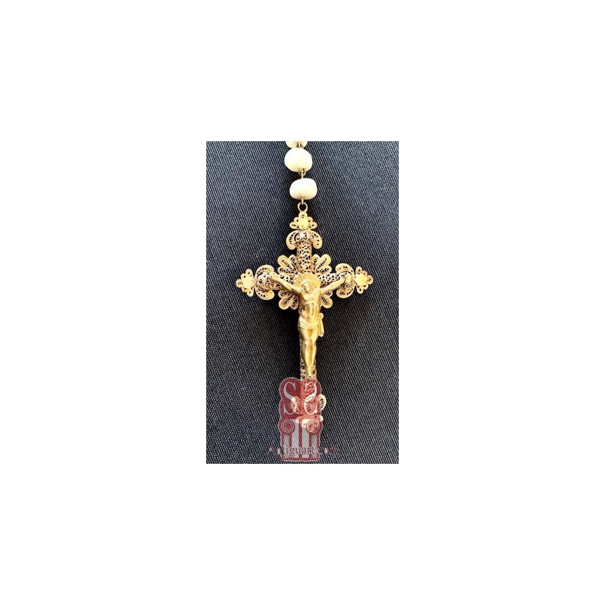 Rosario del siglo XIX, cuentas de nácar y filigrana de plata