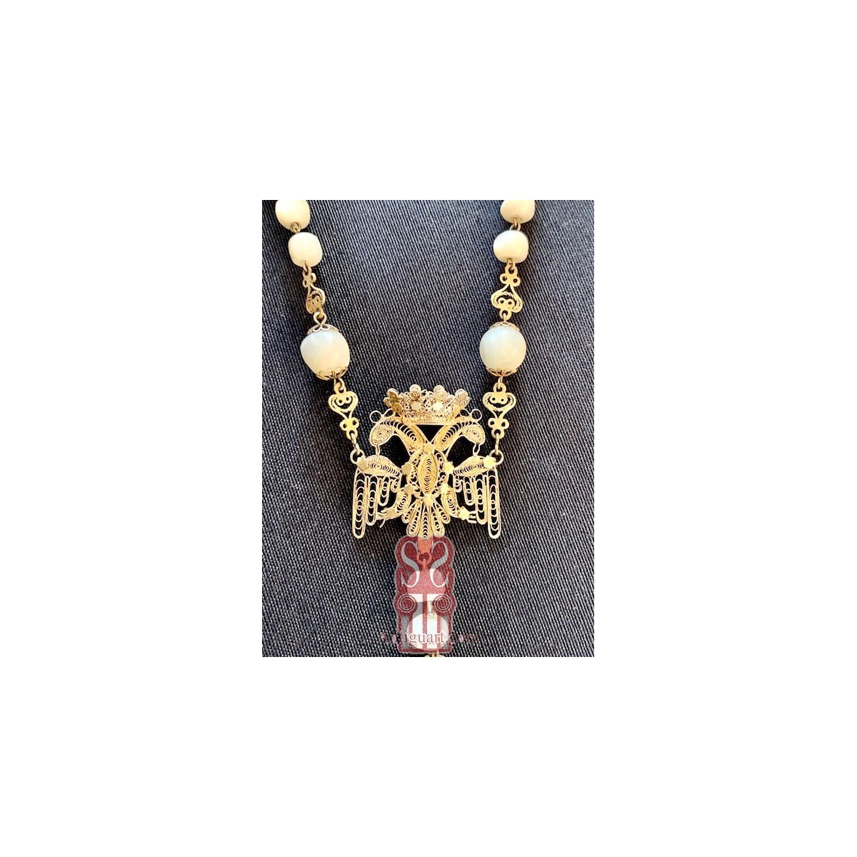 Rosario del siglo XIX, cuentas de nácar y filigrana de plata