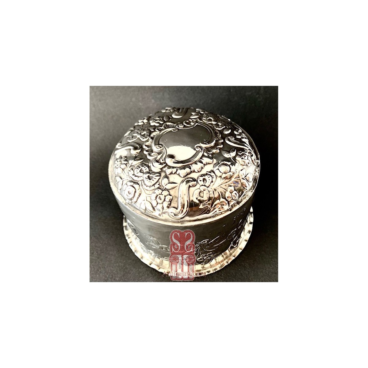 Scatola rotonda d’argento Sterling dell'800 inglese