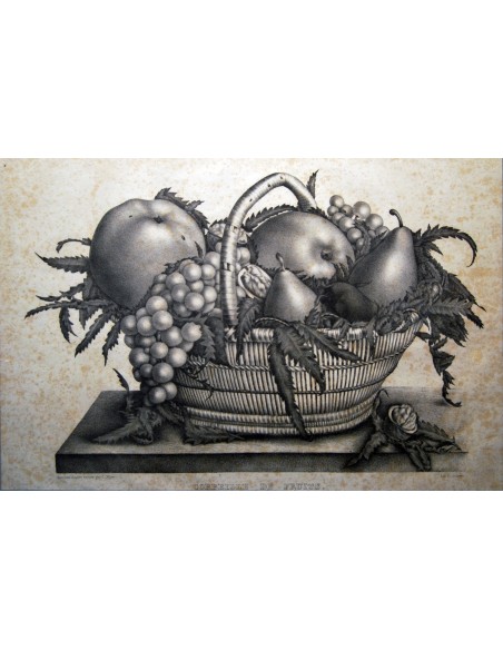 Bodegón de fruta, grabado de principio del siglo XX. 