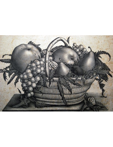 Bodegón de fruta, grabado de principio del siglo XX. 