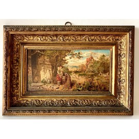 “Niños con pavo real” óleo sobre tabla del siglo XIX