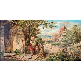 “Niños con pavo real” óleo sobre tabla del siglo XIX 2