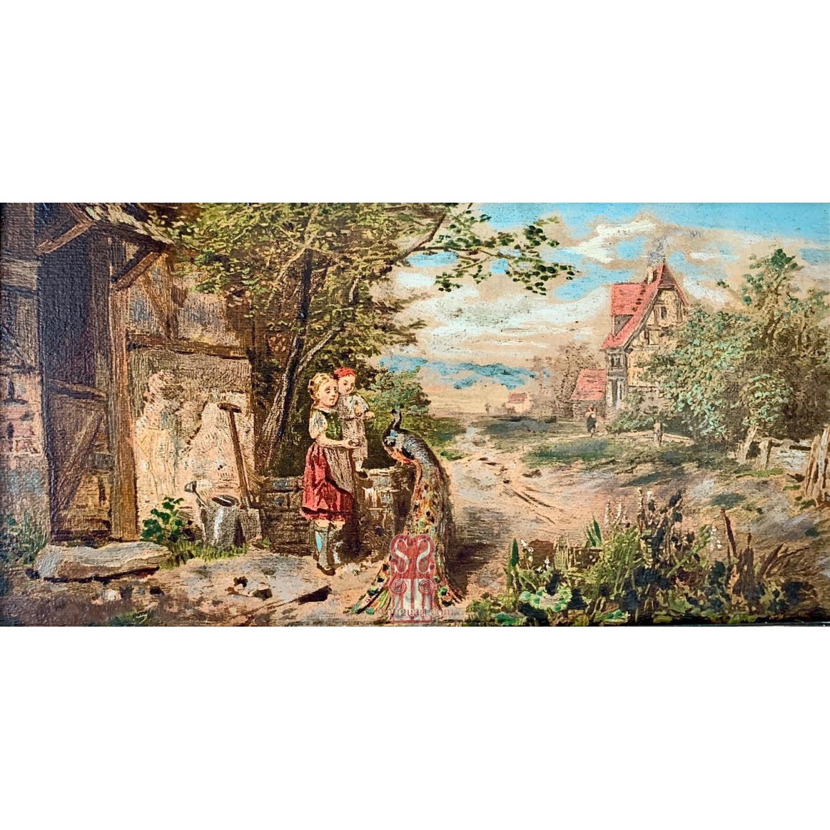 Children with royal peacock oil painting on wood, 19th