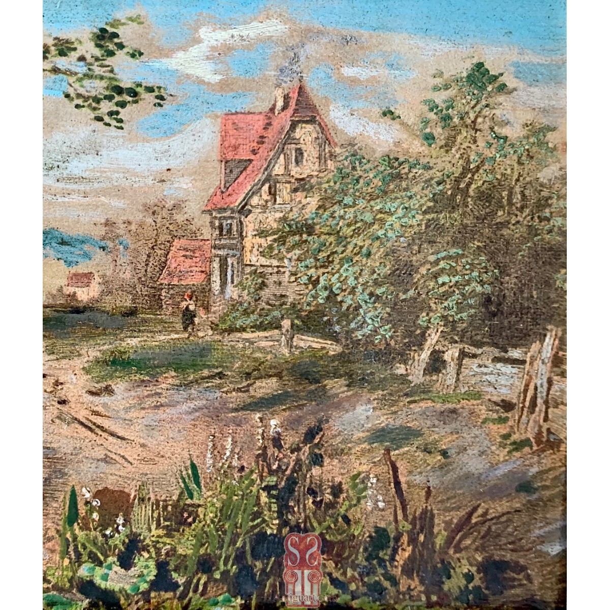 Children with royal peacock oil painting on wood, 19th