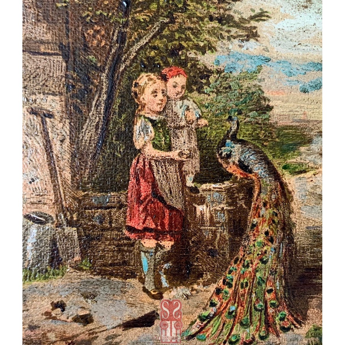 Children with royal peacock oil painting on wood, 19th