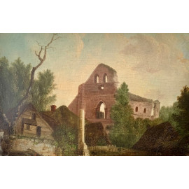 Paesaggio con architetture, olio su tavola, XVIII secolo 2