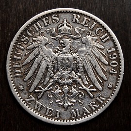  2 marcos alemanes de 1904, plata.