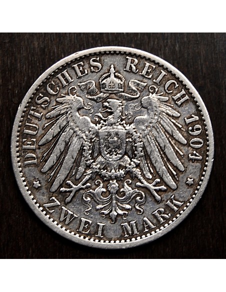  2 marcos alemanes de 1904, plata.