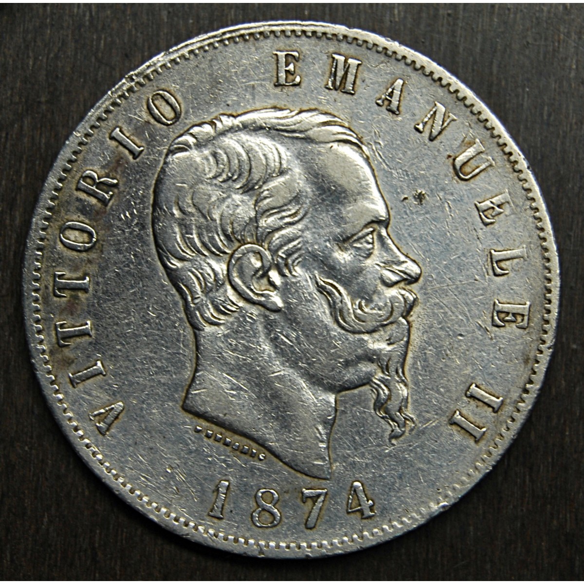  5 lire de 1874, Rey Vittorio Emanuele II, plata.