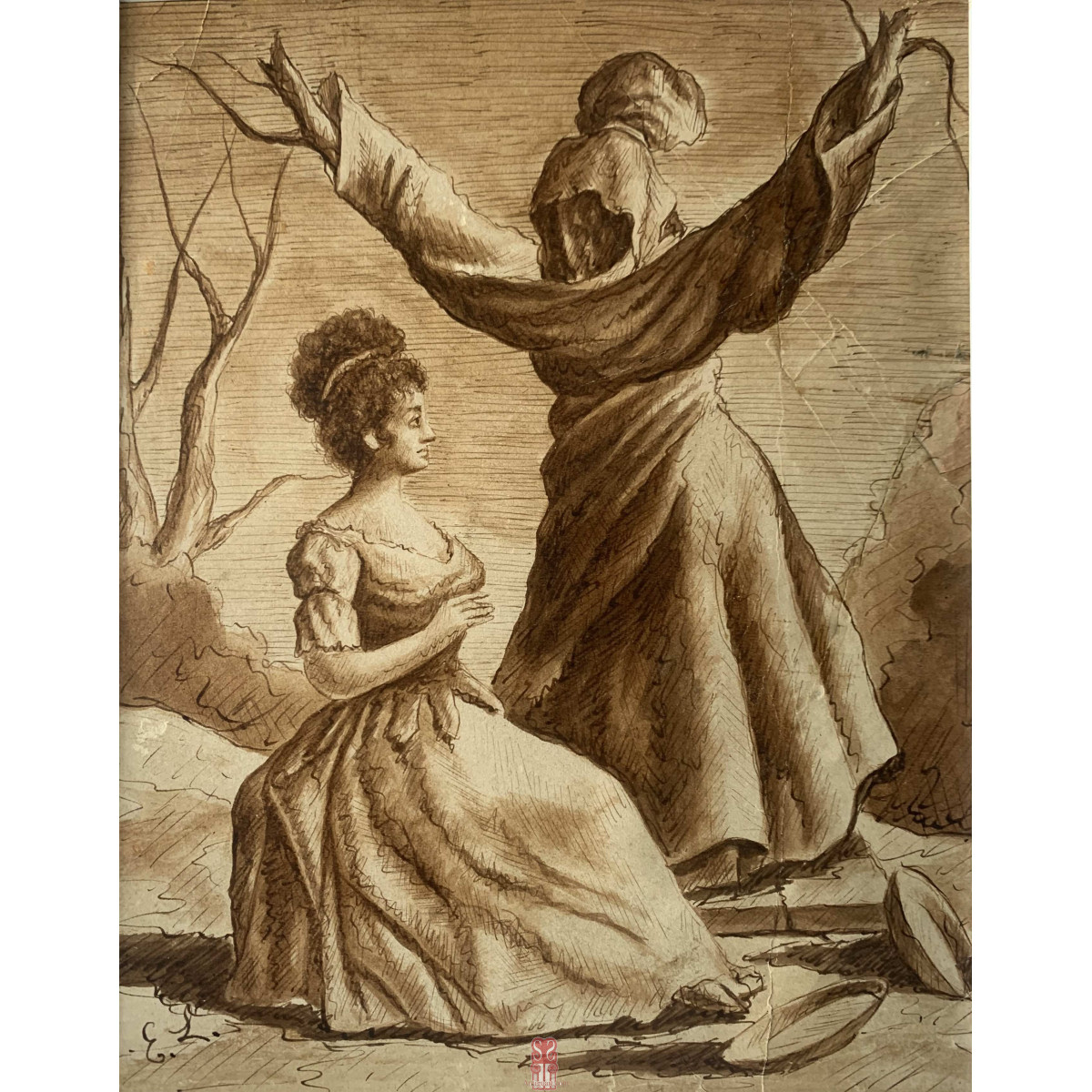 Eugenio Lucas Velazquez (Madrid, 1817-1870). Dibujo a plumilla y aguada, 