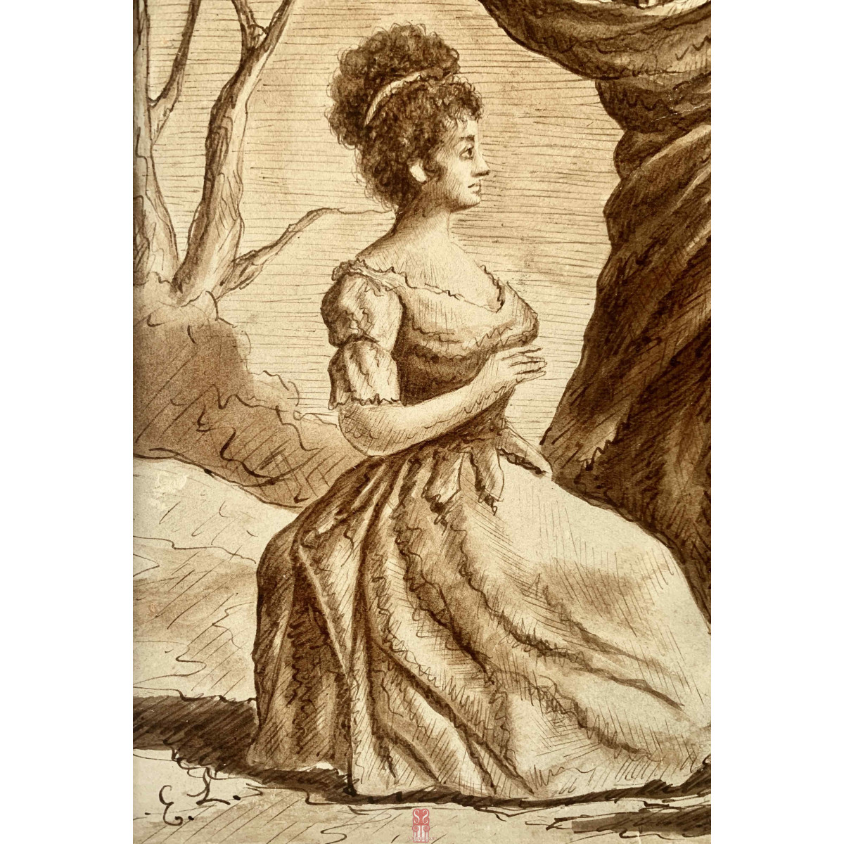 Eugenio Lucas Velazquez (Madrid, 1817-1870). Dibujo a plumilla y aguada, 