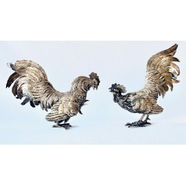 Pair of fighting cocks in sterling silver from the 20th century.