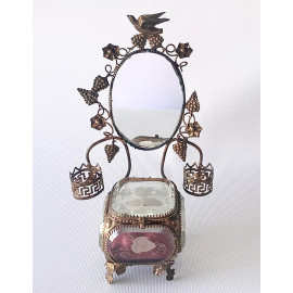 Antique jewelry box vitrine, and display stand with mirror. French miniature.