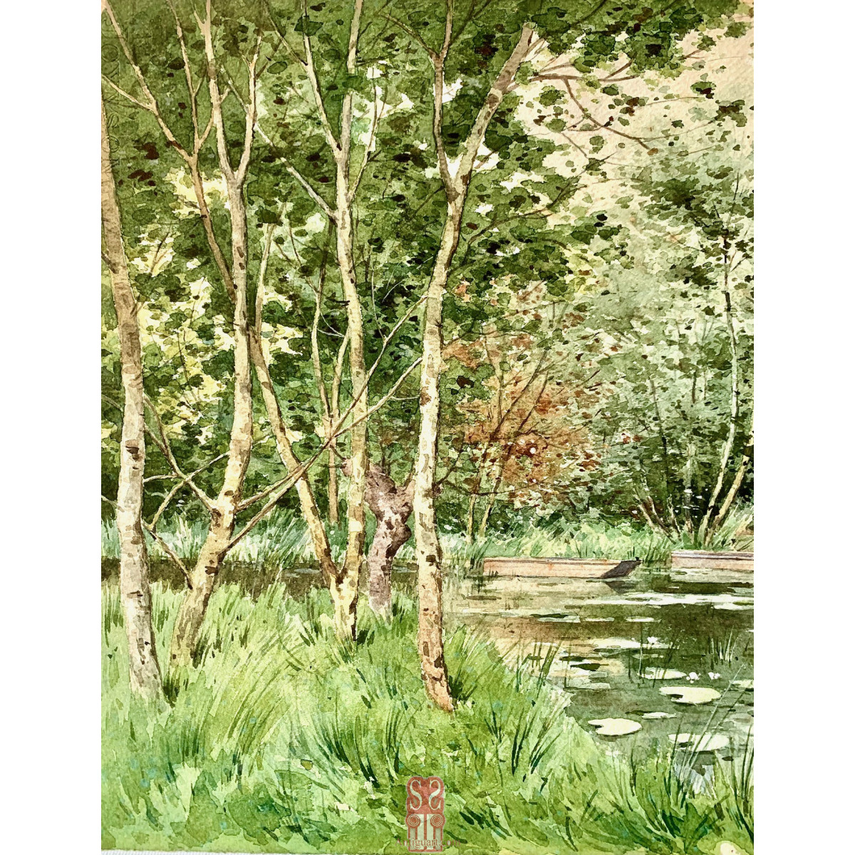 Nestor Outer (1865 - 1930). Paisaje lacustre. Acuarela sobre papel.