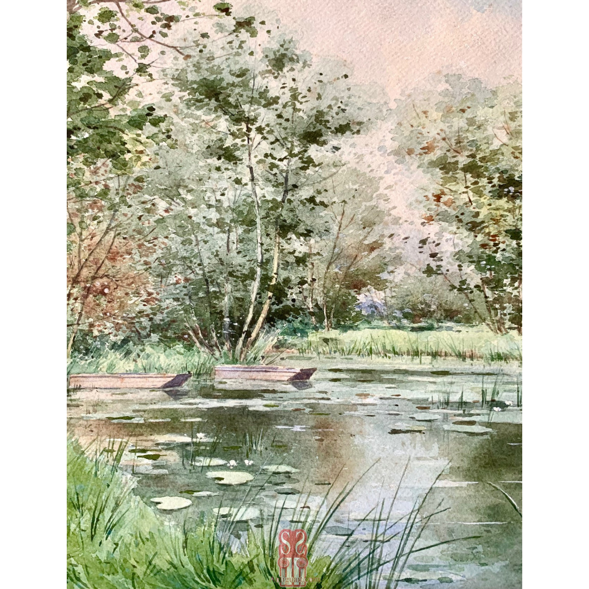 Nestor Outer (1865 - 1930). Paisaje lacustre. Acuarela sobre papel.