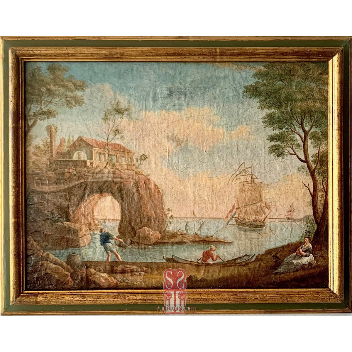 Marina con figuras, óleo sobre lienzo siglo XVIII