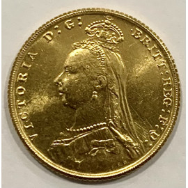 Moneda de oro, soberano reina Victoria, acuñada en 1892 por The Royal Mint, Ceca de Londres. 2