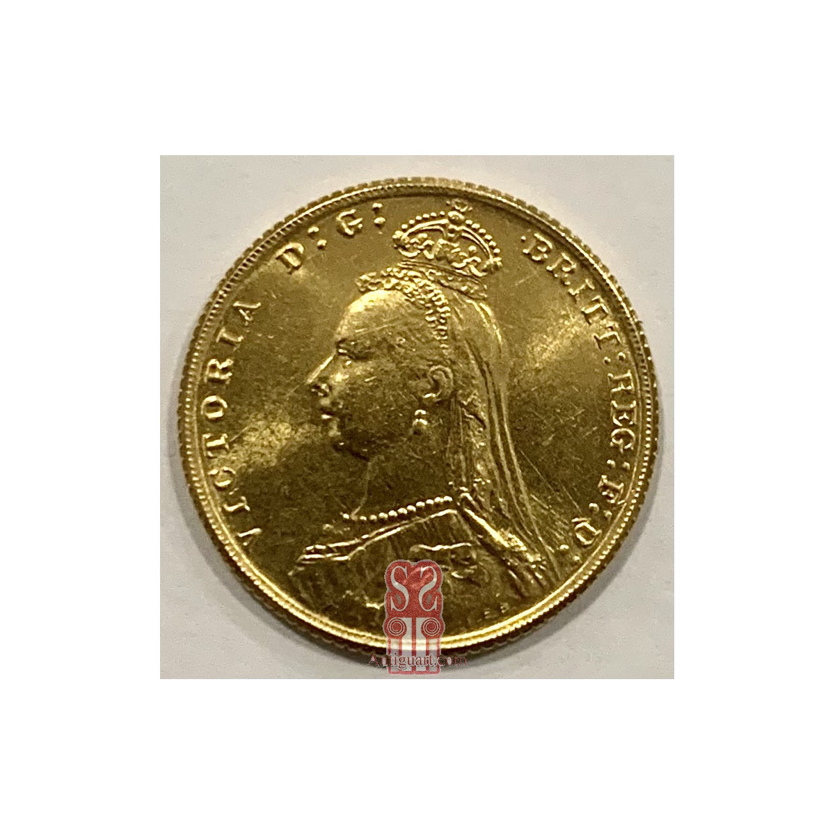 Moneda de oro, soberano reina Victoria, acuñada en 1892 por The Royal Mint, Ceca de Londres.