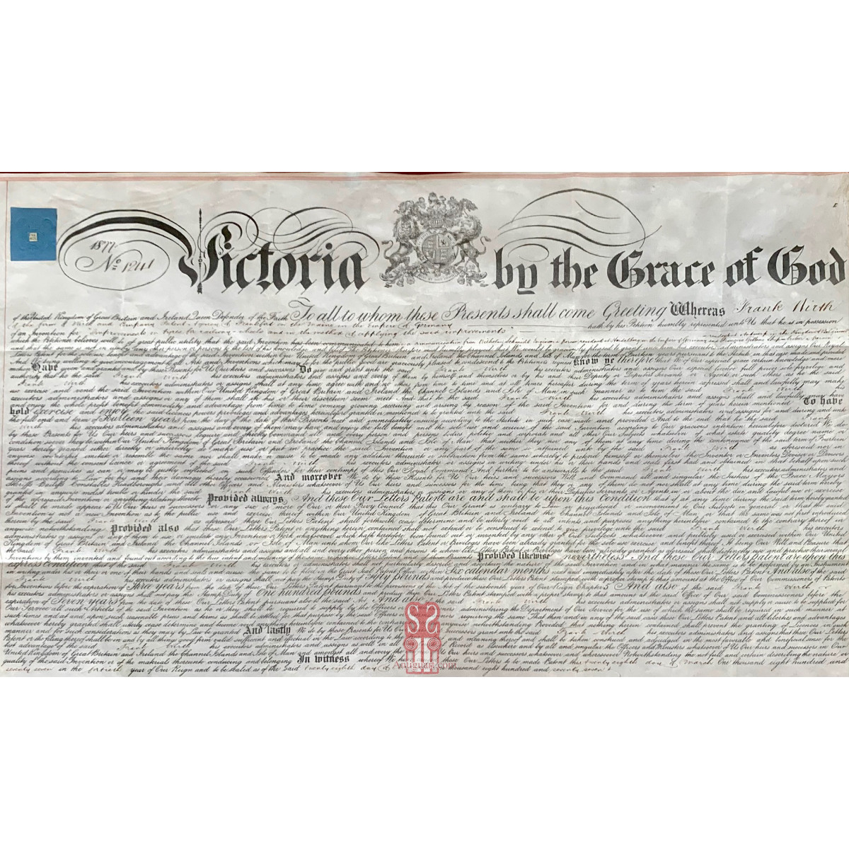 Documento de patente, Ferrocarril. Inglaterra año 1877.