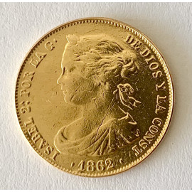 Moneda de oro, España Isabel II 100 Reales de 1862 Madrid.  2