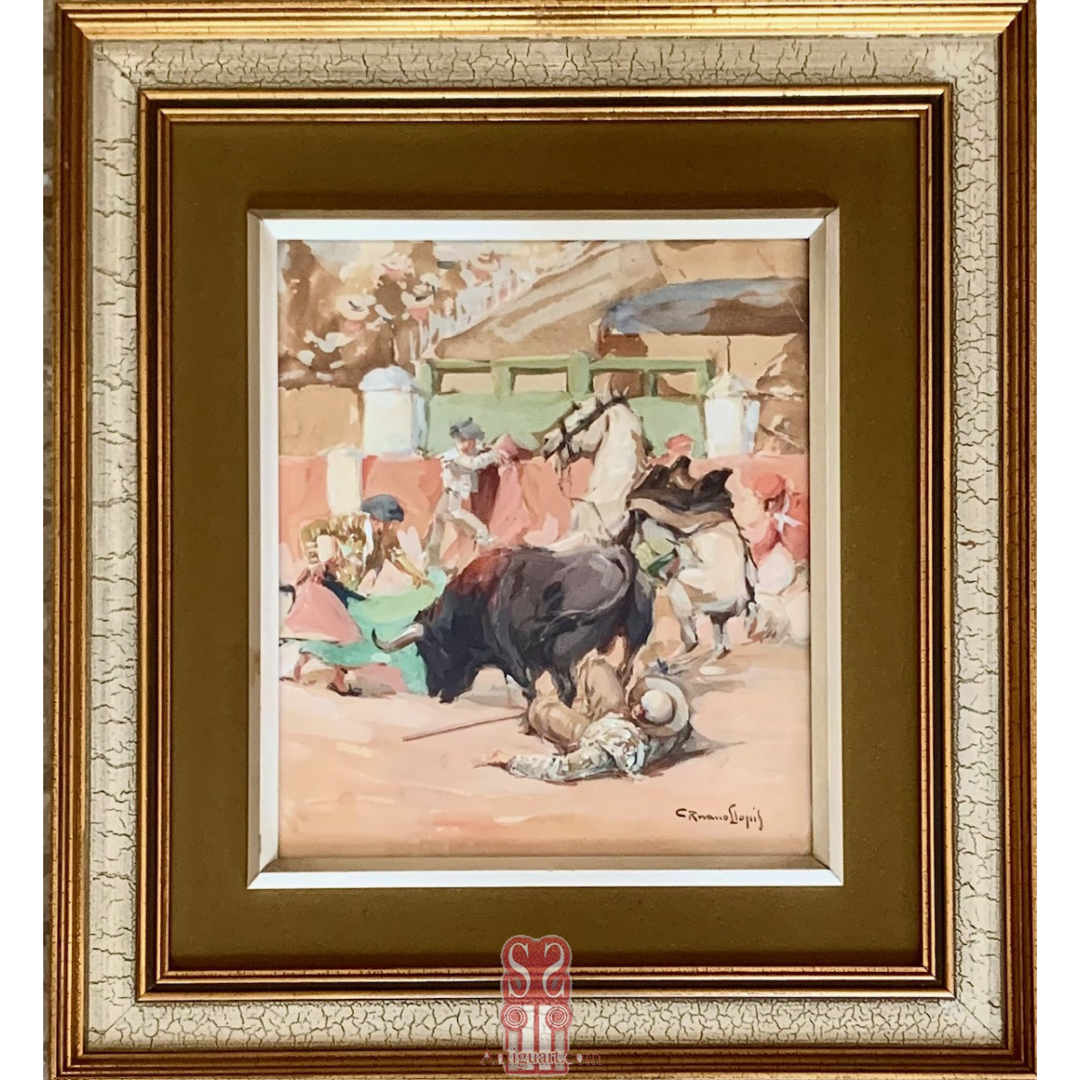 Carlos Ruano Llopis (Orba, 10 de abril de 1878-Ciudad de México, 2 de septiembre de 1950) “escena taurina”, gouache sobre papel.