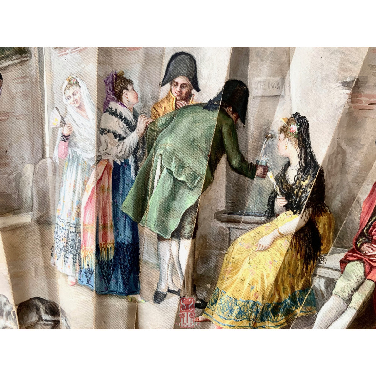 Abanico de seda y nácar pintado a mano. Mitad Siglo XIX.