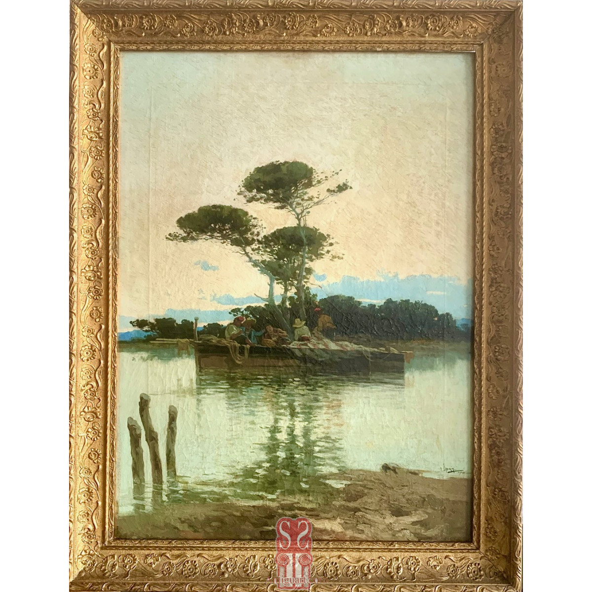Pescadores en la Albufera. Enrique Saborit (Valencia 1869-1928). Firmado y fechado 1899. Óleo sobre lienzo.