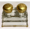 Tintero doble de bronce y cristal Imperio. Francia Siglo XIX.