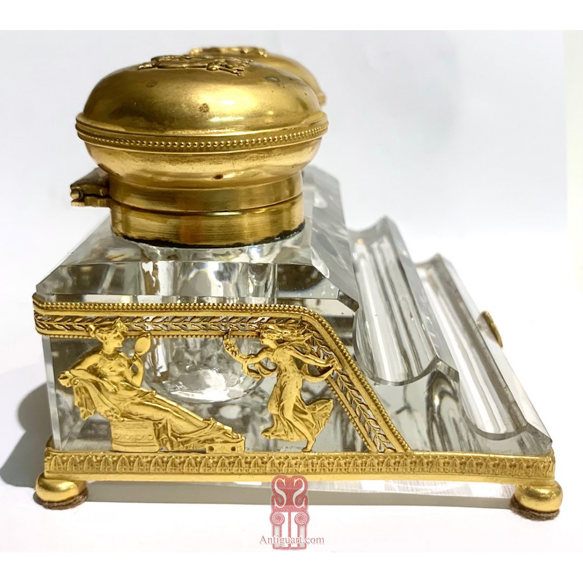 Tintero doble de bronce y cristal Imperio. Francia Siglo XIX.