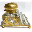 Tintero doble de bronce y cristal Imperio. Francia Siglo XIX.
