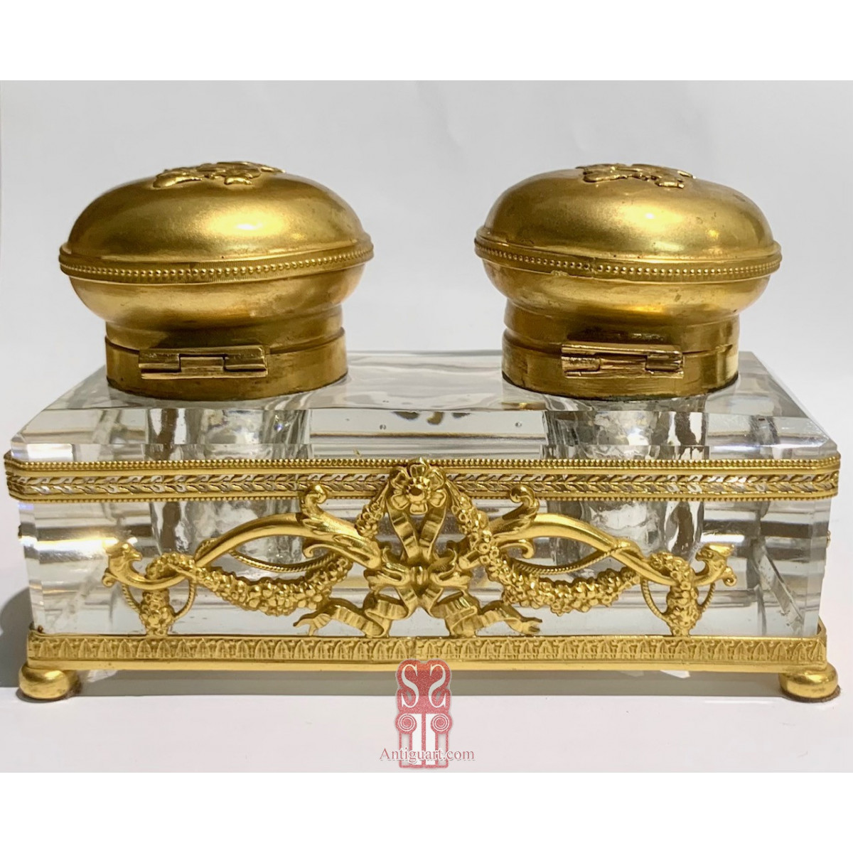 Tintero doble de bronce y cristal Imperio. Francia Siglo XIX.