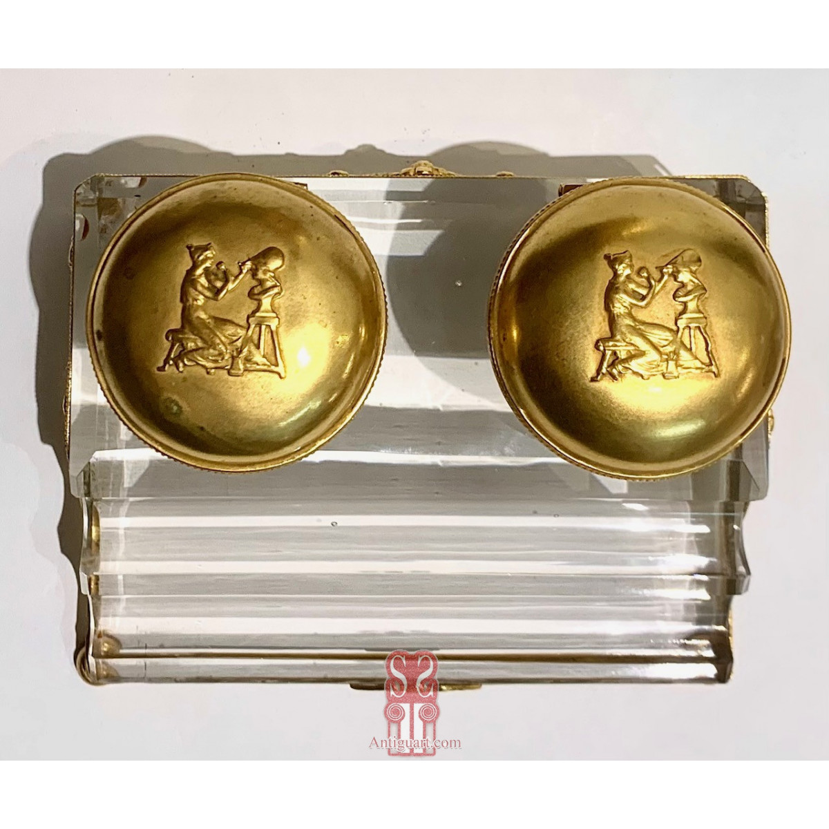 Tintero doble de bronce y cristal Imperio. Francia Siglo XIX.