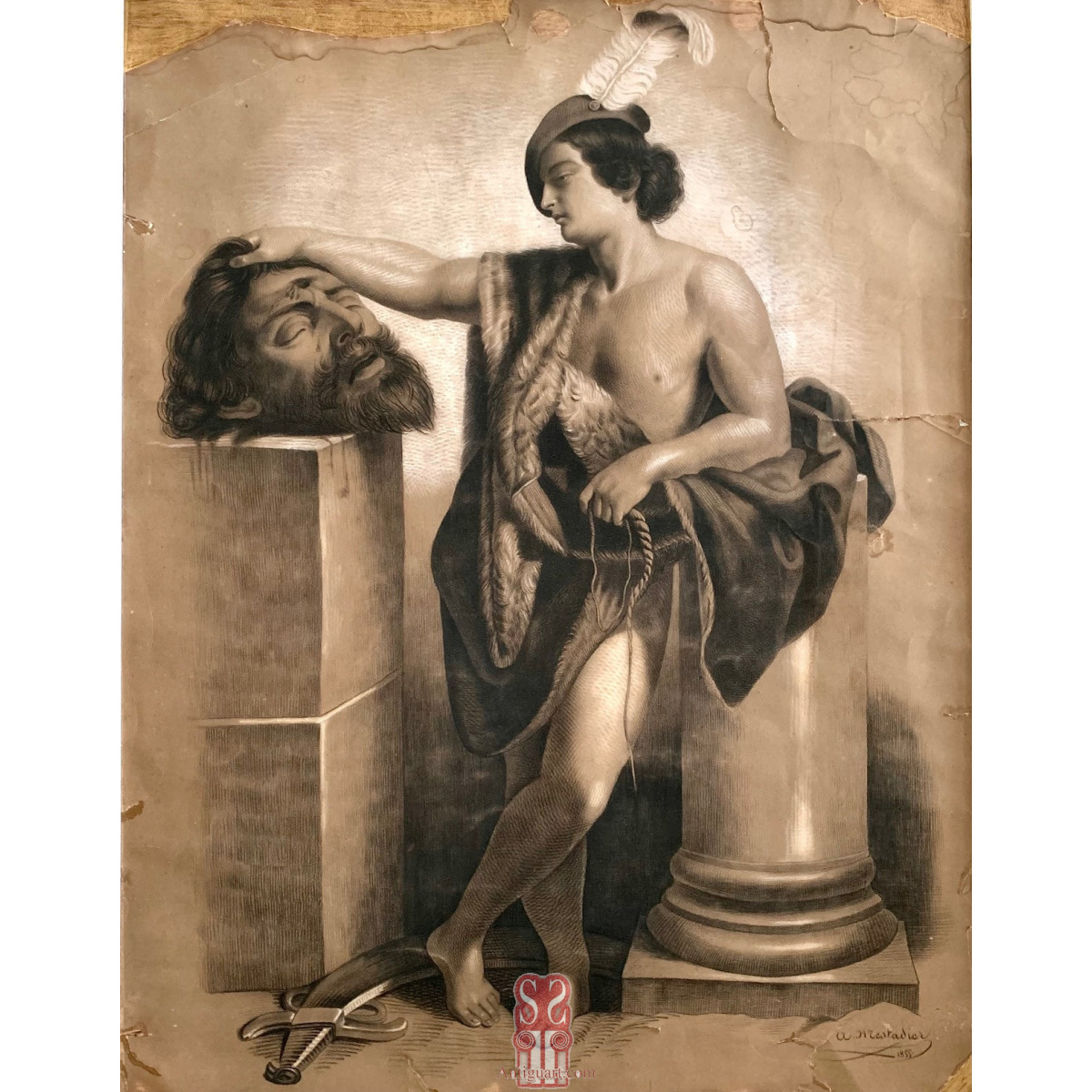 "David and Goliath," charcoal drawing , 19th.