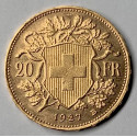 Moneta d'oro svizzera di 20 franchi del 1927, 22 K.