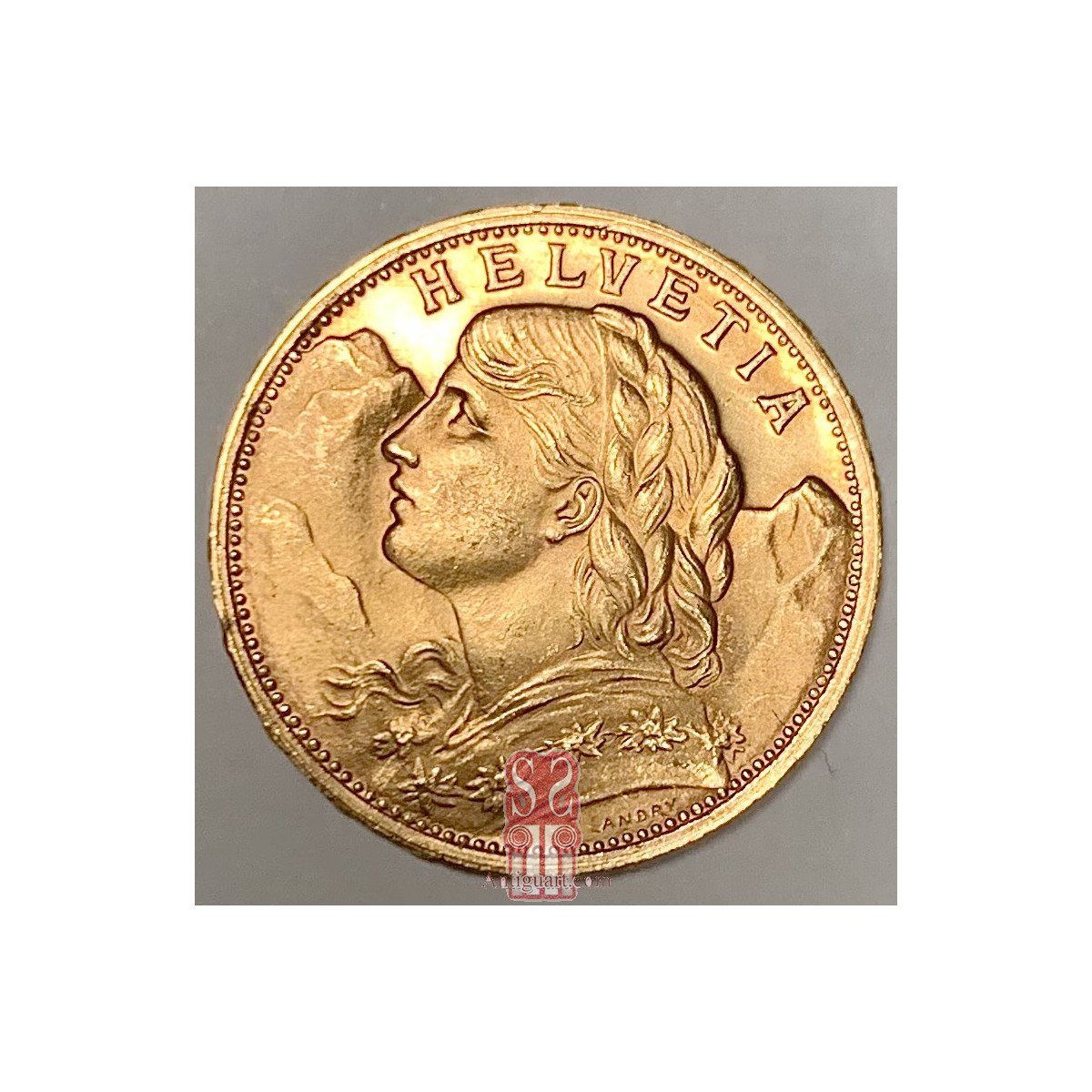 Moneta d'oro svizzera di 20 franchi del 1927, 22 K.