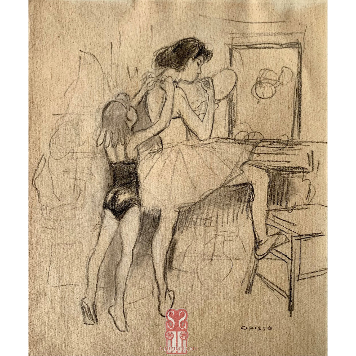“Bailarinas” Ricard Opisso, dibujo al carboncillo sobre papel