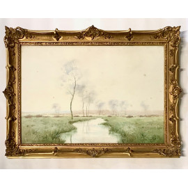 Nestor Outer, Francia, paisaje lagunar, acuarela.