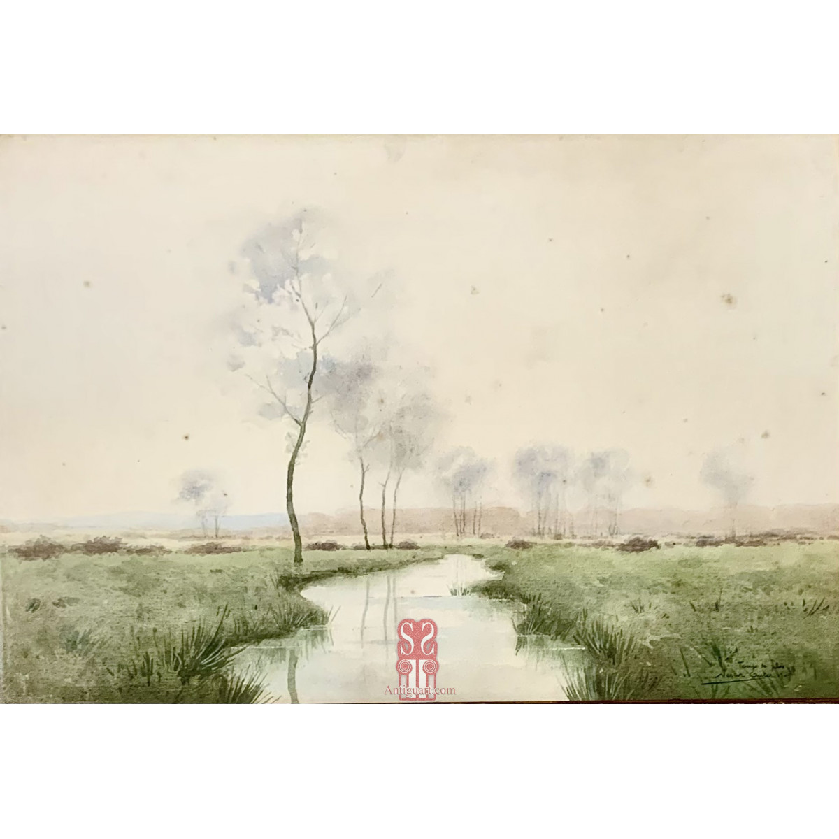 Nestor Outer, Francia, paisaje lagunar, acuarela.