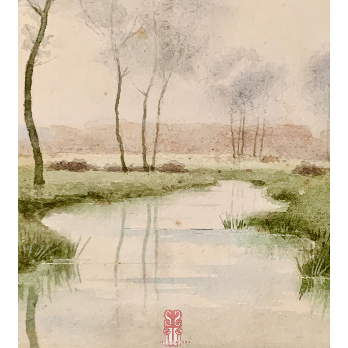 Nestor Outer, Francia, paisaje lagunar, acuarela.